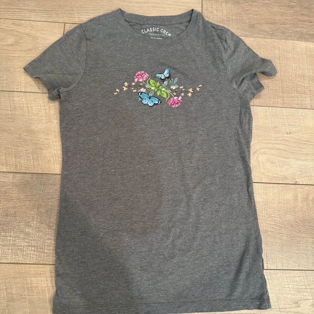 AEROPOSTALE GRAY CLASSIC CREW T SHIRT BLUE BUTTERFLIES WOMENS MEDIUM
